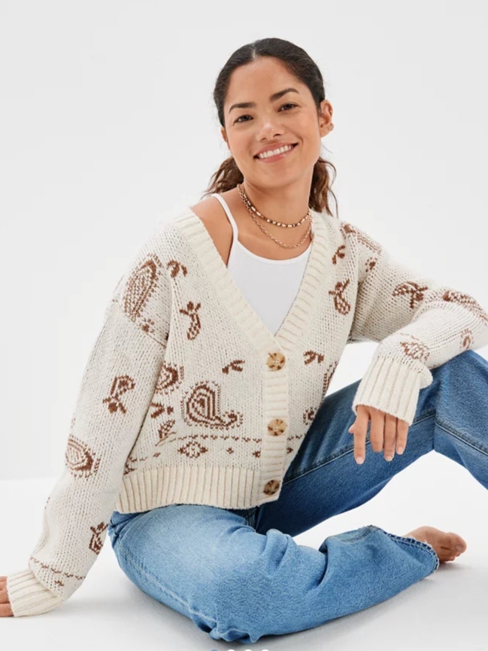 American Eagle Outfitters Beige and Brown Paisley V-Neck Cropped Cardigan